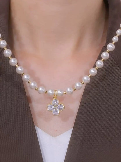 18K Gold Plated Clover pearl Necklace