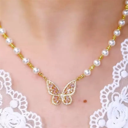 Pink zircon butterfly pearl necklace