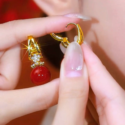 RED BEADS QUEEN EARRINGS(GOLD PLATED)