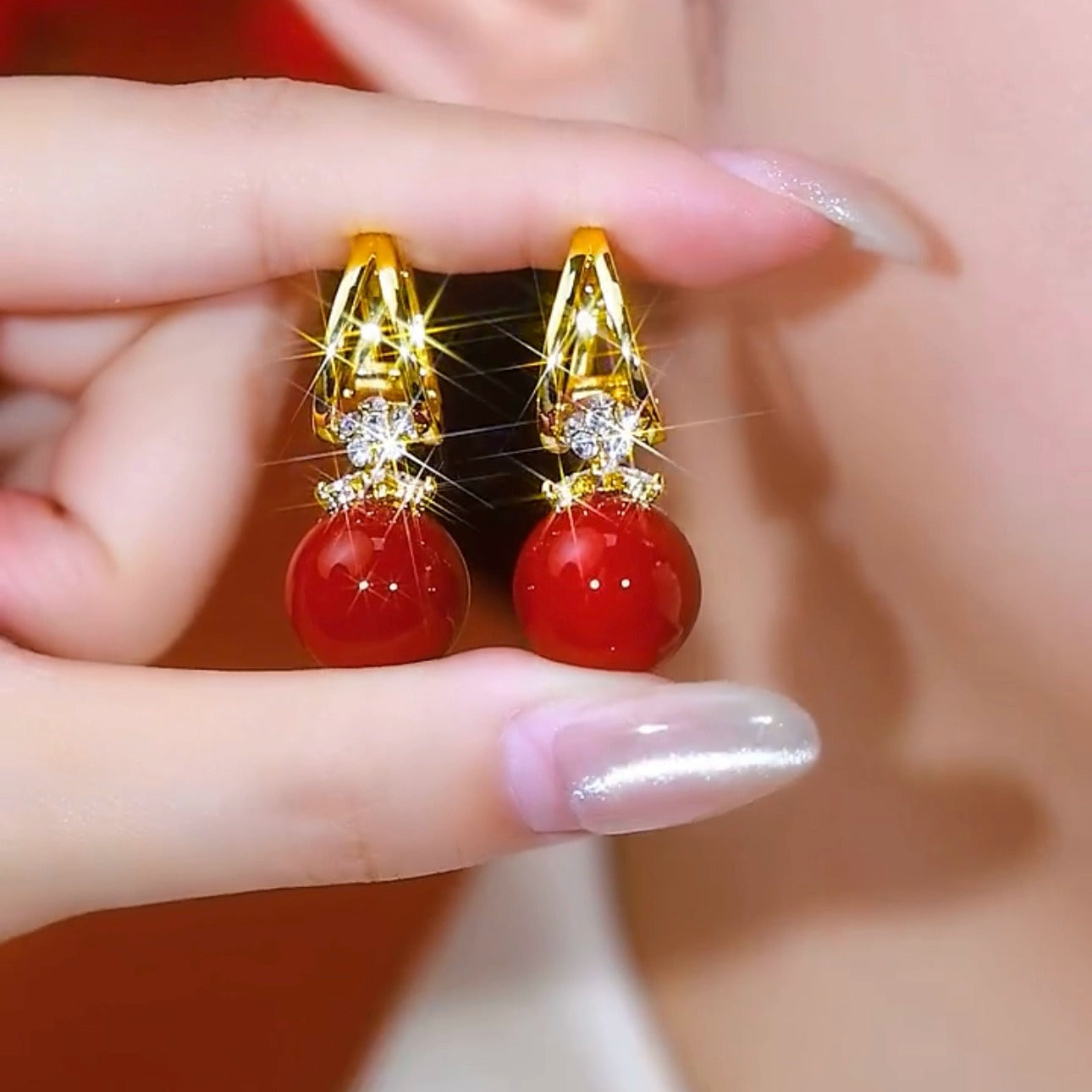 RED BEADS QUEEN EARRINGS(GOLD PLATED)