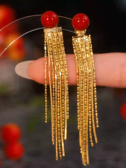 Red pearl tassel earrings(gold plated)