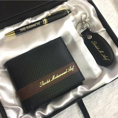 Name engraved wallet with pen keychain